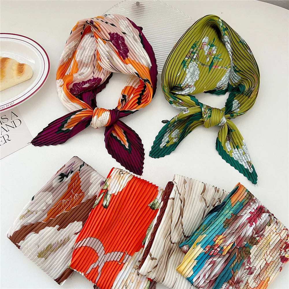 Silk Scarf Women Luxury Ladies Small Head Scarf Wholesale Scarves Headwraps Pleated Chiffon Hijabs Satin Hijabe Femme Bandanas