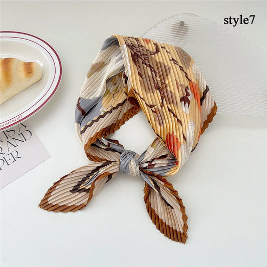 Silk Scarf Women Luxury Ladies Small Head Scarf Wholesale Scarves Headwraps Pleated Chiffon Hijabs Satin Hijabe Femme Bandanas