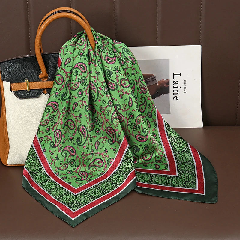Luxury Print Satin Silk Square Scarf for Women Shawl Hijab Neckerchief Female Hair Ribbon Headband Fashion Wrap Bandana 2023 New