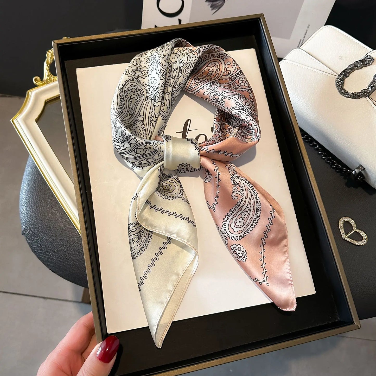Luxury Chain Print Small Square Scarf Simulated Silk Thin Neck Scarf Fashion Sunscreen Headscarf For Women 70x70cm
