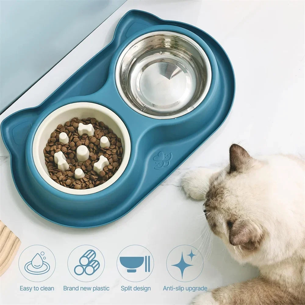Anti-slip Double Dog Bowl Stainless Steel Water Food Feeder Pet Feeding Drinking Bowls for Dogs Cats with Silicone Mat Durable