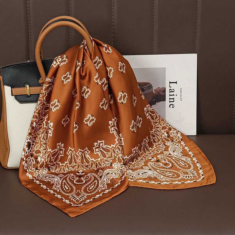 Luxury Print Satin Silk Square Scarf for Women Shawl Hijab Neckerchief Female Hair Ribbon Headband Fashion Wrap Bandana 2023 New