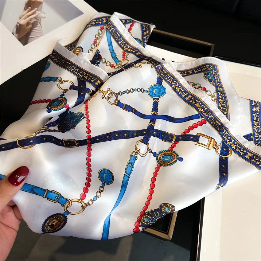 Luxury Chain Print Small Square Scarf Simulated Silk Thin Neck Scarf Fashion Sunscreen Headscarf For Women 70x70cm