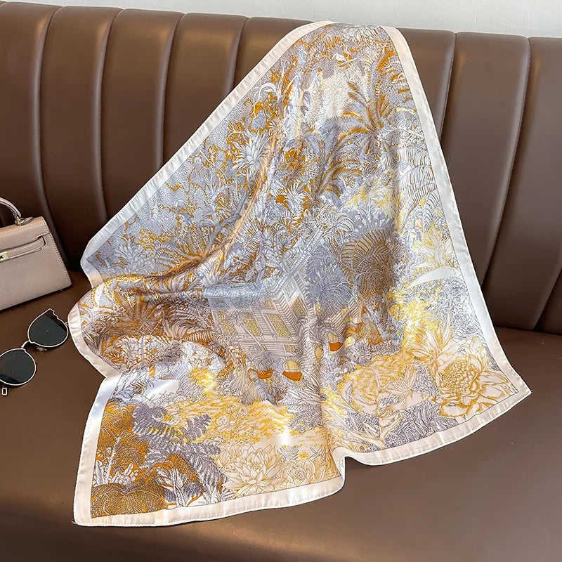 Luxury Floral Leaf Print Silk Square Scarf for Women Hands Bag Ribbions Soft Satin Kerchief Hairband Head Hijab Female Headband