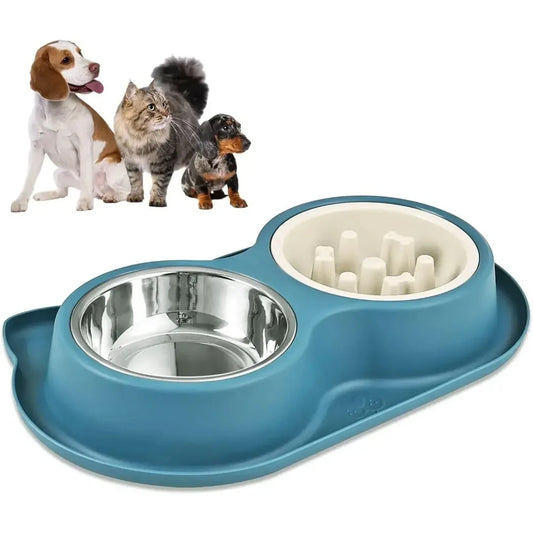 Anti-slip Double Dog Bowl Stainless Steel Water Food Feeder Pet Feeding Drinking Bowls for Dogs Cats with Silicone Mat Durable