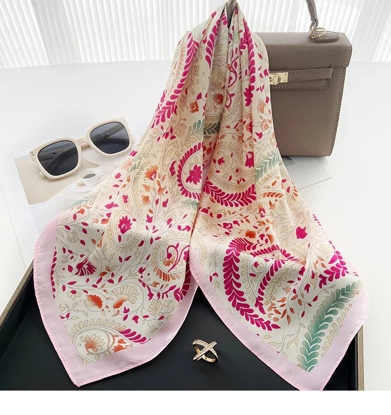 Silk Square Scarf Women Luxury Floral Print Soft Satin Kerchief Hairband Neckerchief Head Hijab Lady Headband Foulard Bag Ribbon