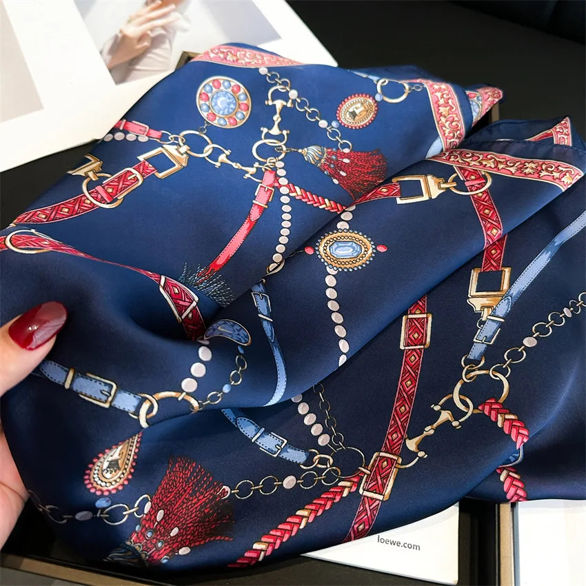 Luxury Chain Print Small Square Scarf Simulated Silk Thin Neck Scarf Fashion Sunscreen Headscarf For Women 70x70cm
