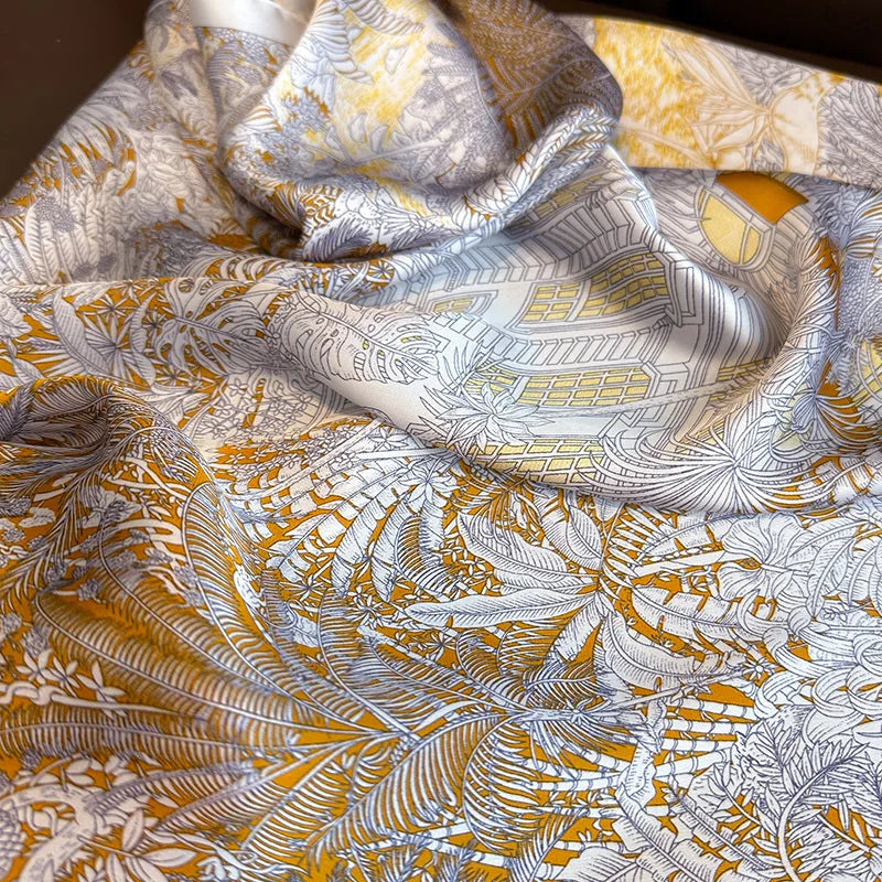 Luxury Floral Leaf Print Silk Square Scarf for Women Hands Bag Ribbions Soft Satin Kerchief Hairband Head Hijab Female Headband