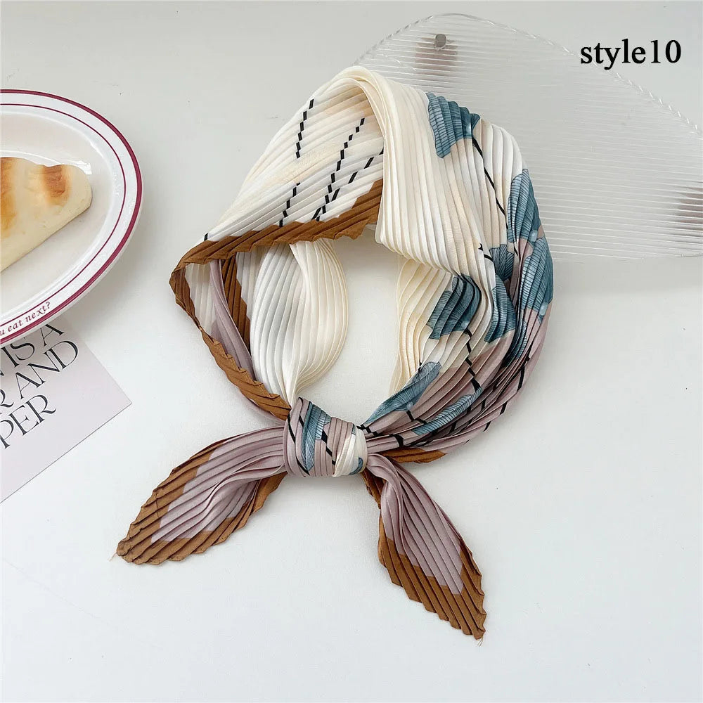 Silk Scarf Women Luxury Ladies Small Head Scarf Wholesale Scarves Headwraps Pleated Chiffon Hijabs Satin Hijabe Femme Bandanas