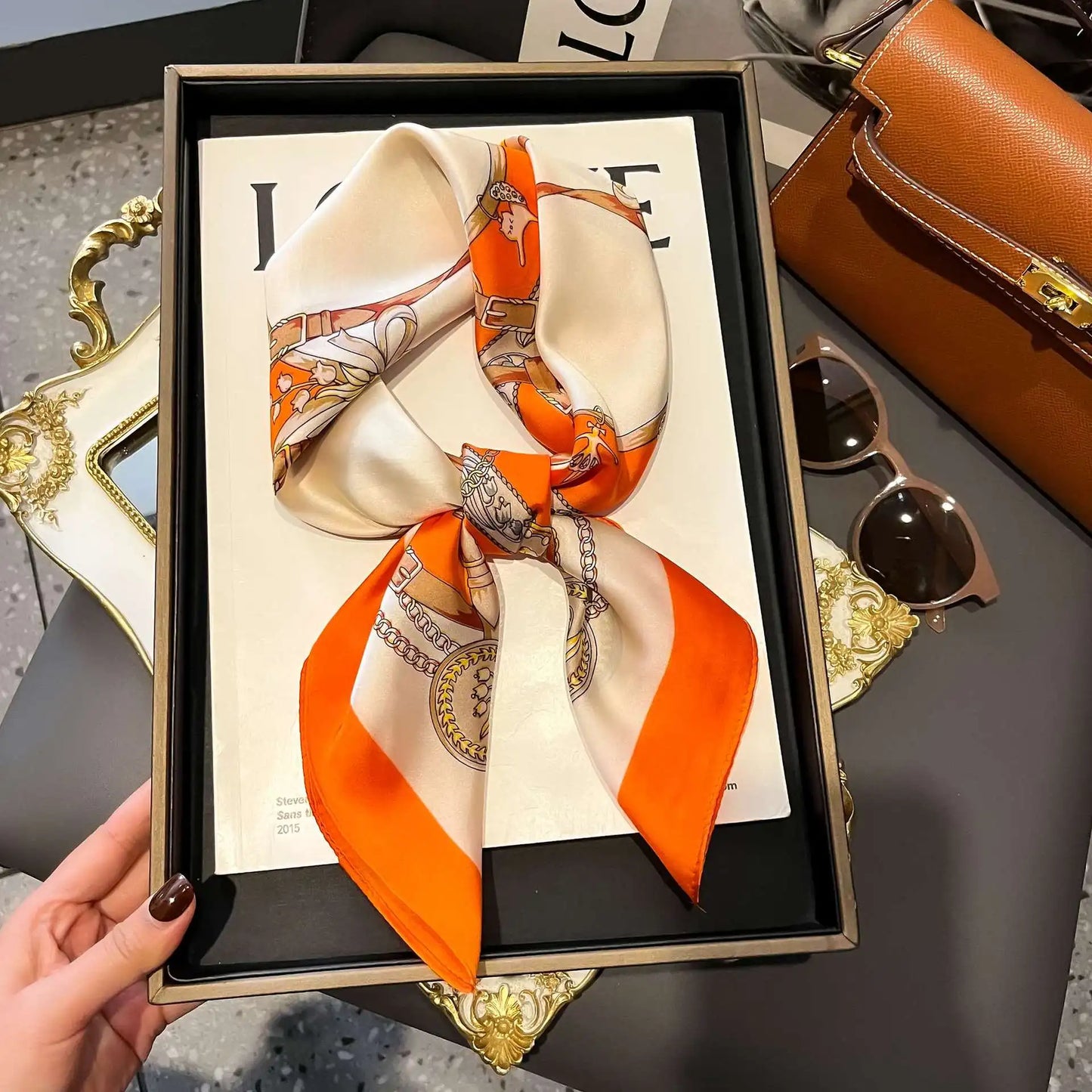 Luxury Chain Print Small Square Scarf Simulated Silk Thin Neck Scarf Fashion Sunscreen Headscarf For Women 70x70cm