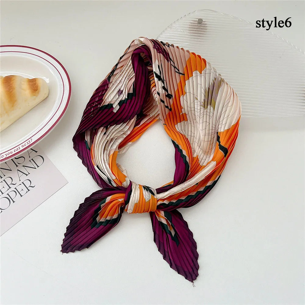 Silk Scarf Women Luxury Ladies Small Head Scarf Wholesale Scarves Headwraps Pleated Chiffon Hijabs Satin Hijabe Femme Bandanas
