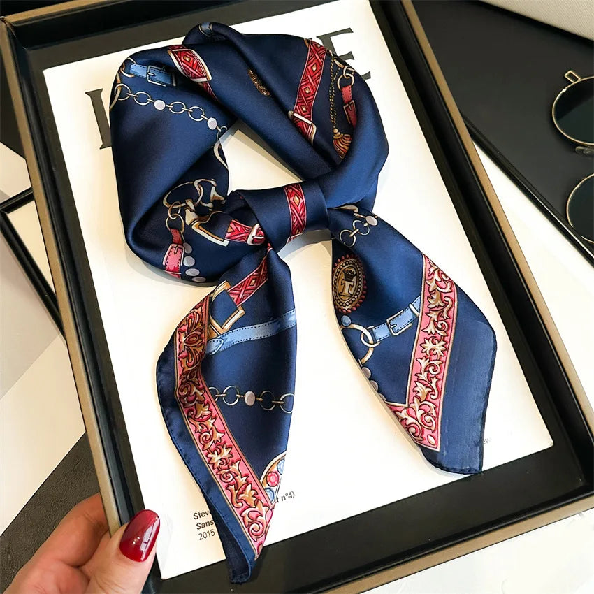 Luxury Chain Print Small Square Scarf Simulated Silk Thin Neck Scarf Fashion Sunscreen Headscarf For Women 70x70cm